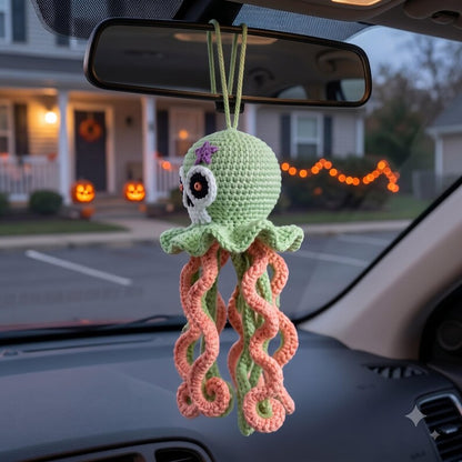 Crochet Skull Octopus Car Charm | Spooky Cute Rearview Mirror Hanging
