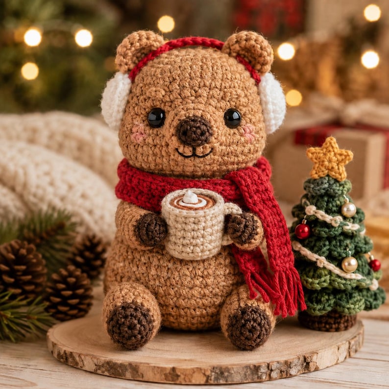 Crochet Christmas Quokka with Hot Cocoa & Earmuffs, Amigurumi Winter Bear, Handmade Holiday Decor, Cute Desk Pet, Christmas Gift Set