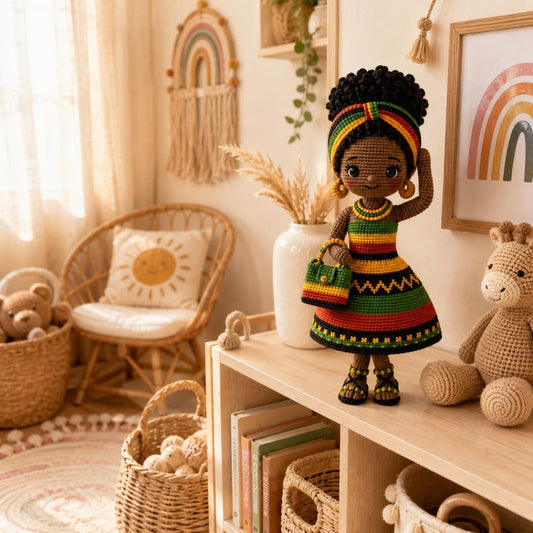 Handmade Crochet Afro Girl Doll, Black Amigurumi Doll, African Inspired Soft Toy, Personalized Crochet Gift, Nursery Decor, Baby Shower Gift