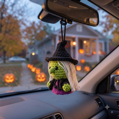 Crochet Witch Car Charm | Halloween Amigurumi Rear View Mirror Ornament