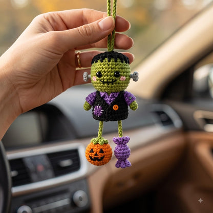Crochet Frankenstein Car Charm | Kawaii Halloween Rear View Mirror Ornament