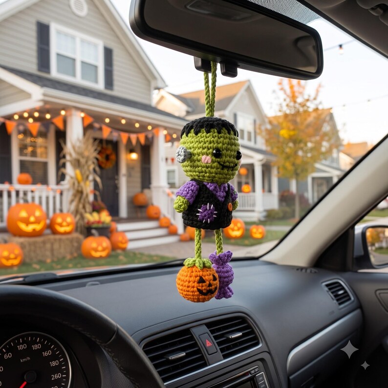 Crochet Frankenstein Car Charm | Kawaii Halloween Rear View Mirror Ornament