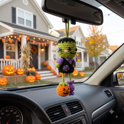 Crochet Frankenstein Car Charm | Kawaii Halloween Rear View Mirror Ornament