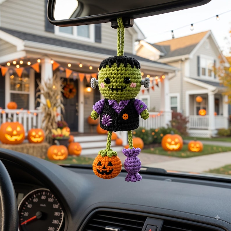 Crochet Frankenstein Car Charm | Kawaii Halloween Rear View Mirror Ornament