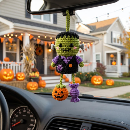 Crochet Frankenstein Car Charm | Kawaii Halloween Rear View Mirror Ornament