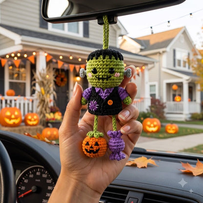 Crochet Frankenstein Car Charm | Kawaii Halloween Rear View Mirror Ornament