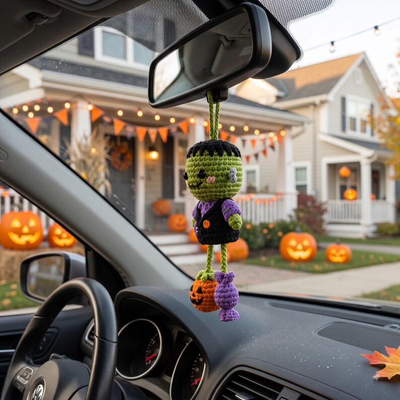 Crochet Frankenstein Car Charm | Kawaii Halloween Rear View Mirror Ornament