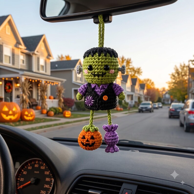 Crochet Frankenstein Car Charm | Kawaii Halloween Rear View Mirror Ornament