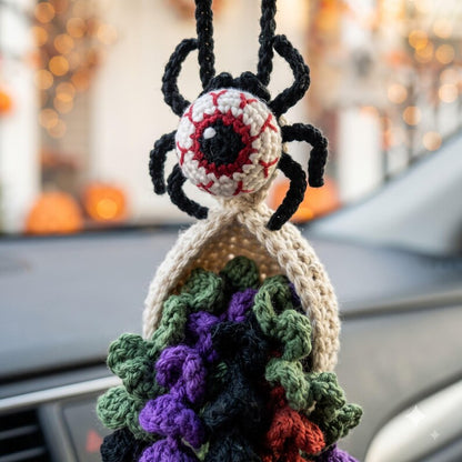 Crochet Eyeball Spider Car Mirror Charm | Halloween Rearview Mirror Accessory | Spooky Amigurumi Tassel