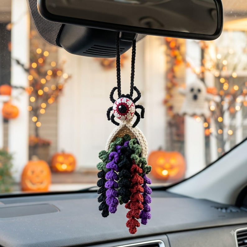 Crochet Eyeball Spider Car Mirror Charm | Halloween Rearview Mirror Accessory | Spooky Amigurumi Tassel