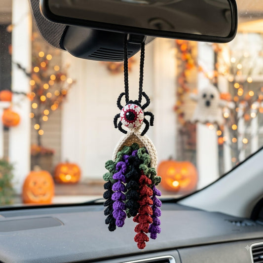 Crochet Eyeball Spider Car Mirror Charm | Halloween Rearview Mirror Accessory | Spooky Amigurumi Tassel