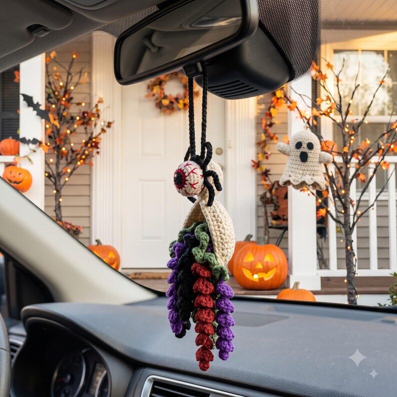 Crochet Eyeball Spider Car Mirror Charm | Halloween Rearview Mirror Accessory | Spooky Amigurumi Tassel