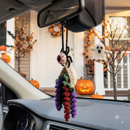 Crochet Eyeball Spider Car Mirror Charm | Halloween Rearview Mirror Accessory | Spooky Amigurumi Tassel