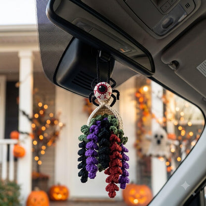Crochet Eyeball Spider Car Mirror Charm | Halloween Rearview Mirror Accessory | Spooky Amigurumi Tassel