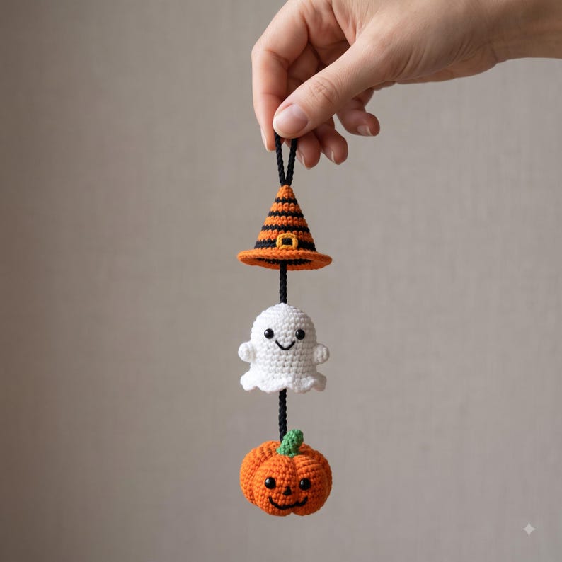 Halloween Car Charm Set | Crochet Rearview Mirror Hanging Ornament | Witch Hat Ghost Pumpkin Amigurumi Accessory