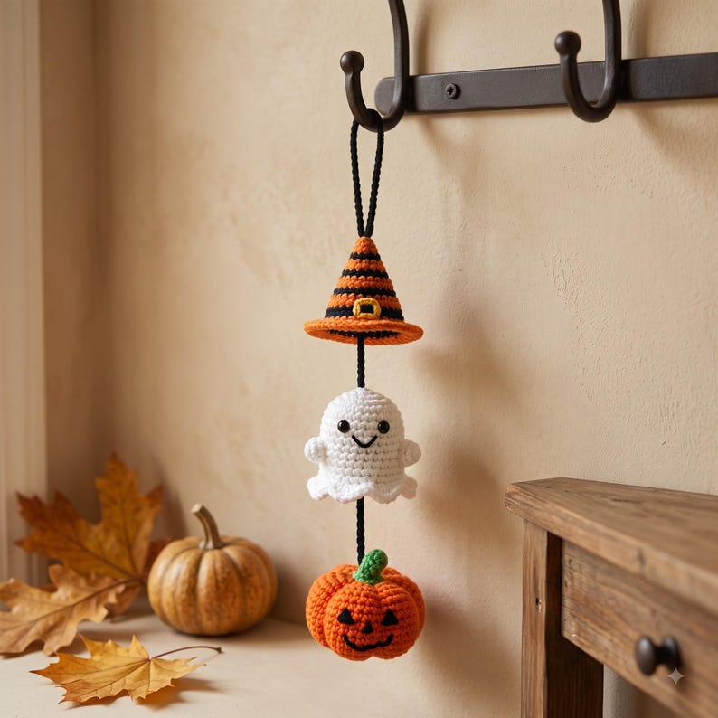 Halloween Car Charm Set | Crochet Rearview Mirror Hanging Ornament | Witch Hat Ghost Pumpkin Amigurumi Accessory