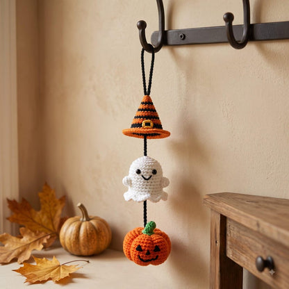 Halloween Car Charm Set | Crochet Rearview Mirror Hanging Ornament | Witch Hat Ghost Pumpkin Amigurumi Accessory