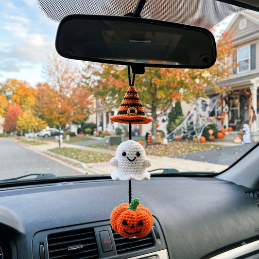 Halloween Car Charm Set | Crochet Rearview Mirror Hanging Ornament | Witch Hat Ghost Pumpkin Amigurumi Accessory