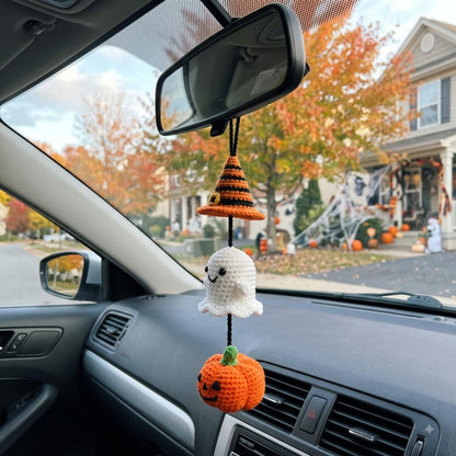 Halloween Car Charm Set | Crochet Rearview Mirror Hanging Ornament | Witch Hat Ghost Pumpkin Amigurumi Accessory