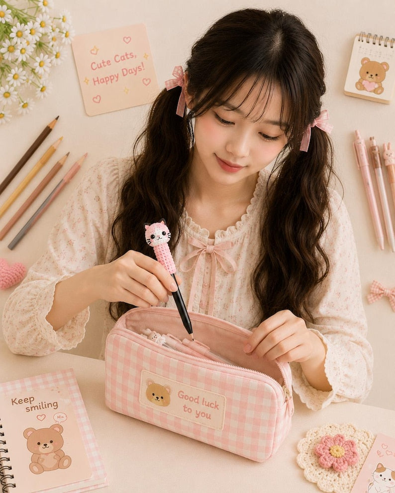 Crochet Cat Pen Topper, Cute Cat Pencil Topper, Kawaii Pen Sleeve, Handmade Teacher Gift, Student Desk Accessory, Cat Lover Gift