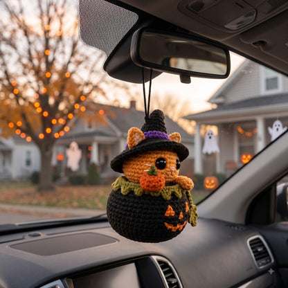 Crochet Halloween Car Charm | Kawaii Orange Cat Witch Pumpkin Rear View Mirror Hanging
