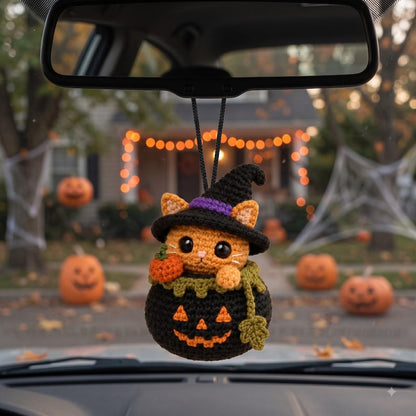 Crochet Halloween Car Charm | Kawaii Orange Cat Witch Pumpkin Rear View Mirror Hanging