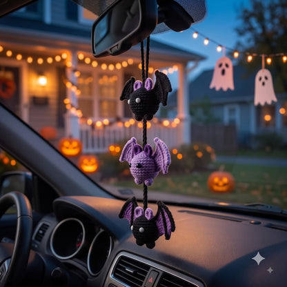 Crochet Bat Car Charm | Halloween Rear View Mirror Accessory | Spooky Cute Amigurumi Bat Trio
