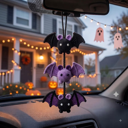 Crochet Bat Car Charm | Halloween Rear View Mirror Accessory | Spooky Cute Amigurumi Bat Trio