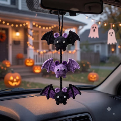Crochet Bat Car Charm | Halloween Rear View Mirror Accessory | Spooky Cute Amigurumi Bat Trio