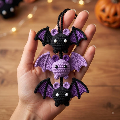 Crochet Bat Car Charm | Halloween Rear View Mirror Accessory | Spooky Cute Amigurumi Bat Trio