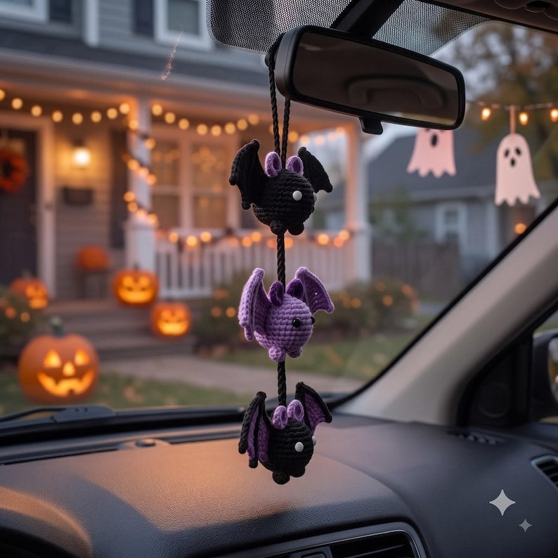 Crochet Bat Car Charm | Halloween Rear View Mirror Accessory | Spooky Cute Amigurumi Bat Trio