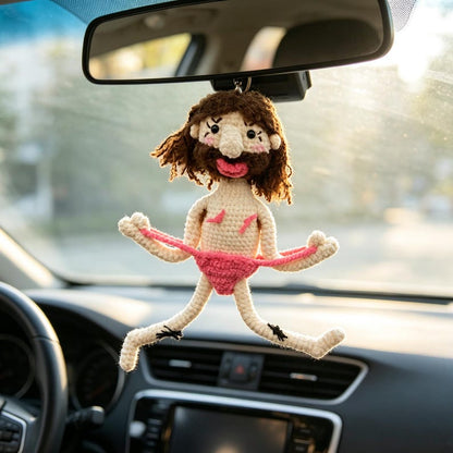 Handmade Crochet Funny Doll Car Rearview Mirror Hanging Quirky Interior Accessory Unique Novelty Ornament Playful Surprise Present