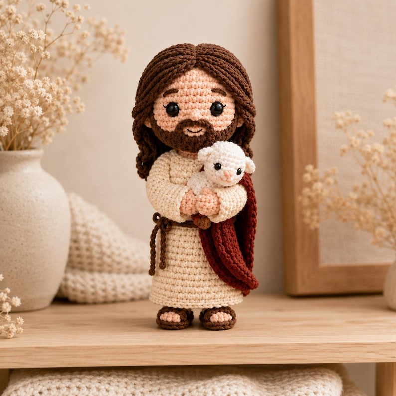 Jesus Crochet Doll with Lamb, Good Shepherd Amigurumi, Handmade Catholic Gift, Christian Nursery Decor, First Communion Baptism Gift