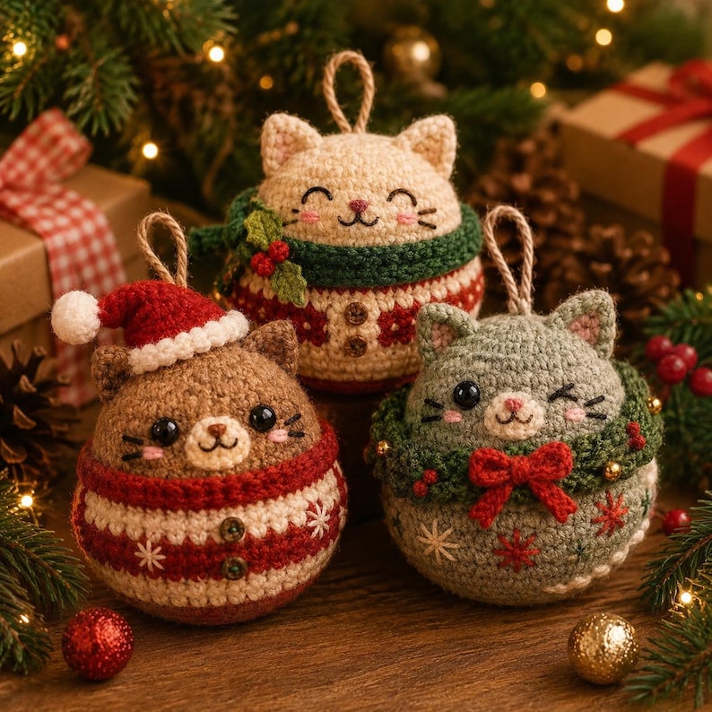 Crochet Christmas Cat Ornament, Handmade Kitty Tree Decor, Cute Cat Bauble, Holiday Cat Lover Gift, Christmas Tree Ornament