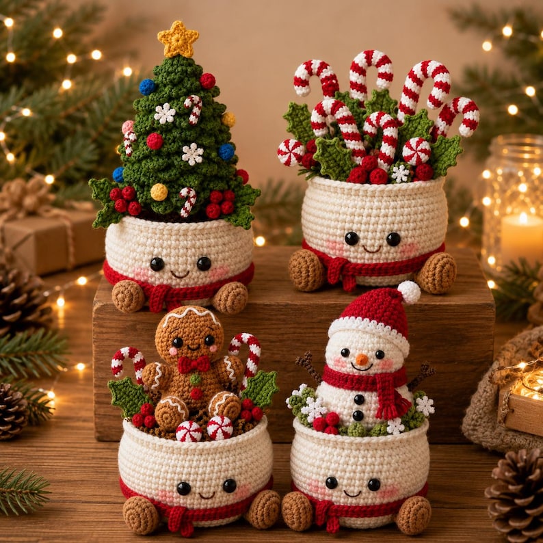 Crochet Christmas Pot Decor, Christmas Tree Candy Cane Gingerbread Snowman Amigurumi, Holiday Desk Decor, Handmade Christmas Gift