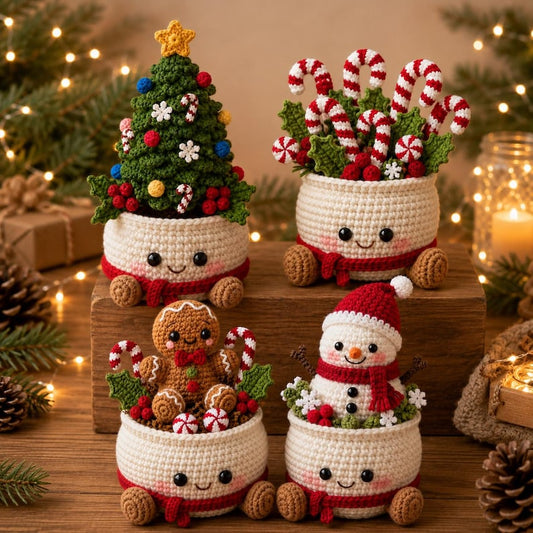 Crochet Christmas Pot Decor, Christmas Tree Candy Cane Gingerbread Snowman Amigurumi, Holiday Desk Decor, Handmade Christmas Gift