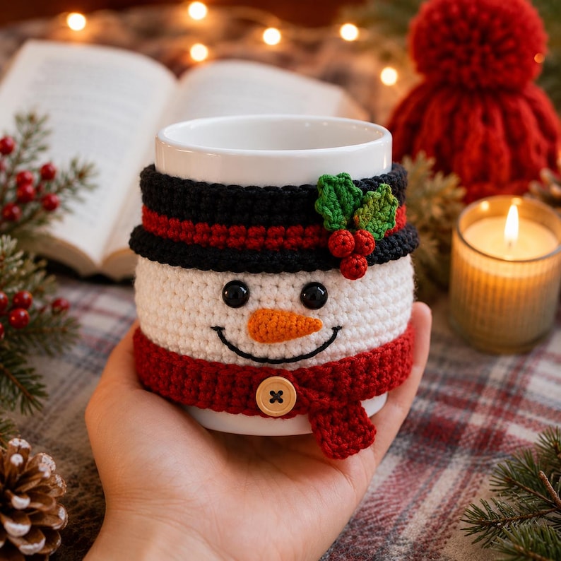 Crochet Snowman Mug Cozy, Christmas Cup Sleeve, Handmade Holiday Mug Warmer, Winter Kitchen Decor, Christmas Gift