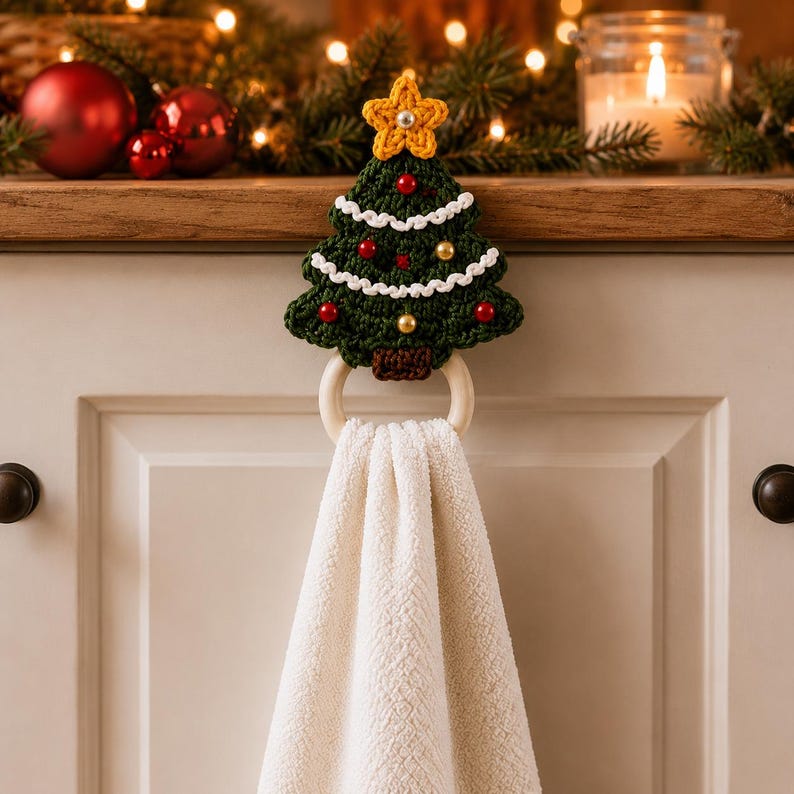 Christmas Crochet Towel Holder, Santa Reindeer Tree Kitchen Towel Ring, Holiday Hand Towel Hanger, Handmade Christmas Decor