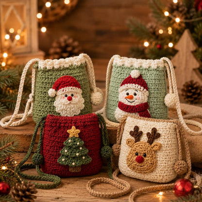 Crochet Christmas Crossbody Pouch, Handmade Holiday Drawstring Bag, Santa Snowman Reindeer Tree Bag, Christmas Gift