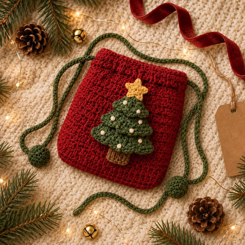 Crochet Christmas Crossbody Pouch, Handmade Holiday Drawstring Bag, Santa Snowman Reindeer Tree Bag, Christmas Gift