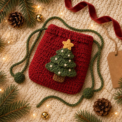 Crochet Christmas Crossbody Pouch, Handmade Holiday Drawstring Bag, Santa Snowman Reindeer Tree Bag, Christmas Gift