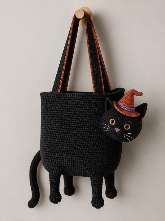 Black Cat Crochet Tote Bag, Witch Cat Purse, Handmade Halloween Shoulder Bag, Cute Spooky Cat Lover Gift