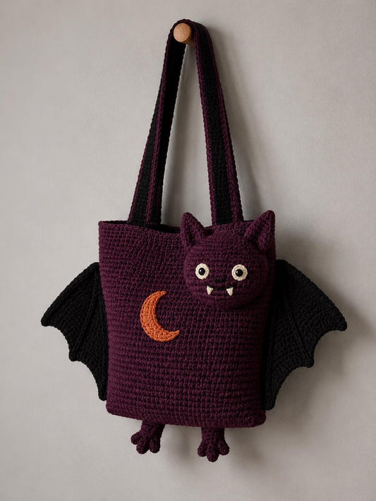Bat Crochet Tote Bag, Gothic Halloween Purse, Handmade Vampire Bat Shoulder Bag, Spooky Witchy Gift