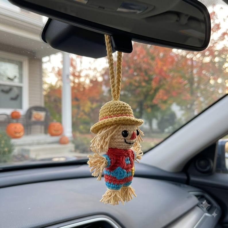 Crochet Scarecrow Car Charm | Fall Rear View Mirror Ornament | Amigurumi Autumn Hanging Accessory