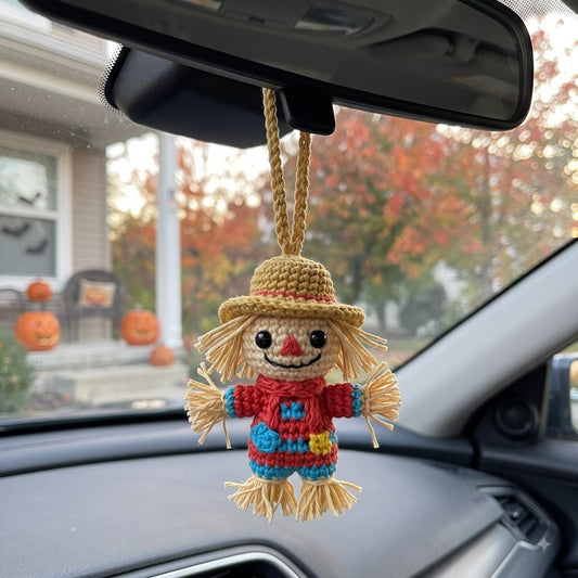 Crochet Scarecrow Car Charm | Fall Rear View Mirror Ornament | Amigurumi Autumn Hanging Accessory