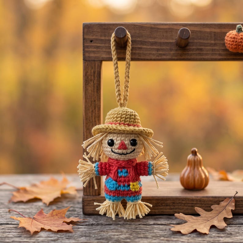 Crochet Scarecrow Car Charm | Fall Rear View Mirror Ornament | Amigurumi Autumn Hanging Accessory