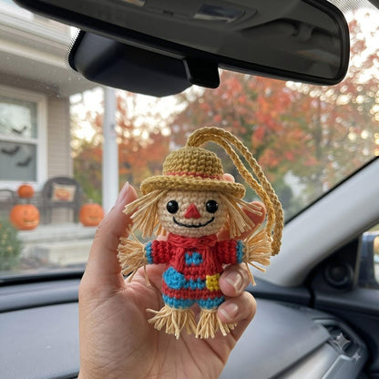 Crochet Scarecrow Car Charm | Fall Rear View Mirror Ornament | Amigurumi Autumn Hanging Accessory