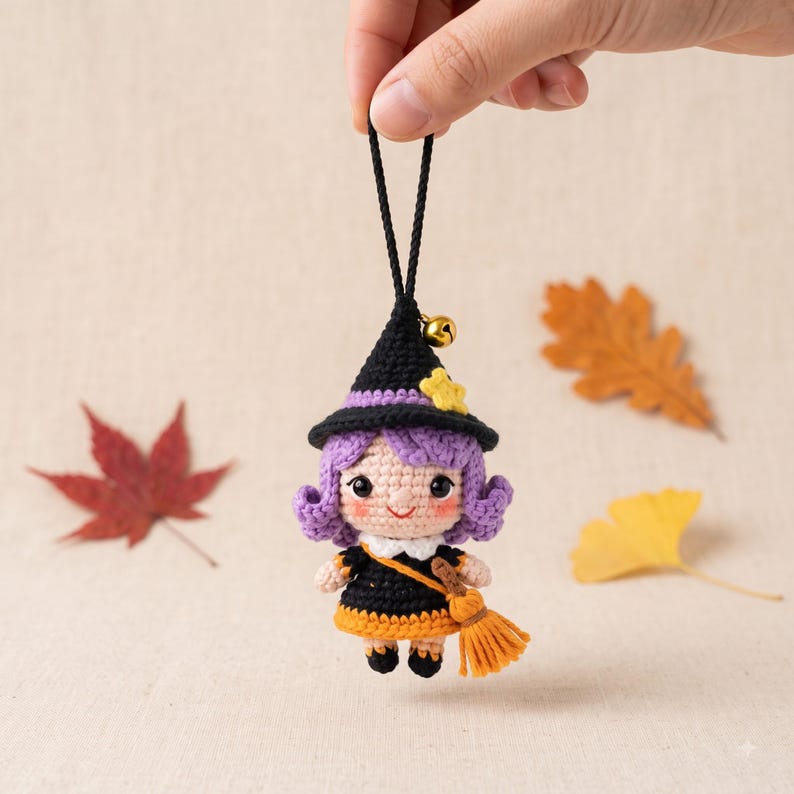 Crochet Halloween Witch Car Charm | Kawaii Amigurumi Doll Rear View Mirror Accessory | Witch Hat Broom Jingle Bell Pendant