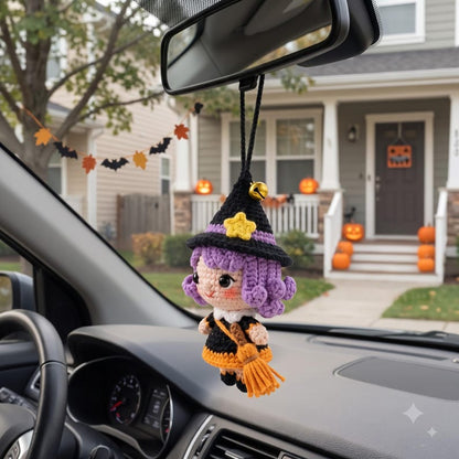 Crochet Halloween Witch Car Charm | Kawaii Amigurumi Doll Rear View Mirror Accessory | Witch Hat Broom Jingle Bell Pendant