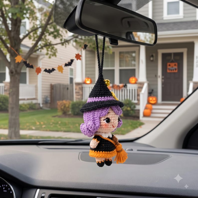 Crochet Halloween Witch Car Charm | Kawaii Amigurumi Doll Rear View Mirror Accessory | Witch Hat Broom Jingle Bell Pendant
